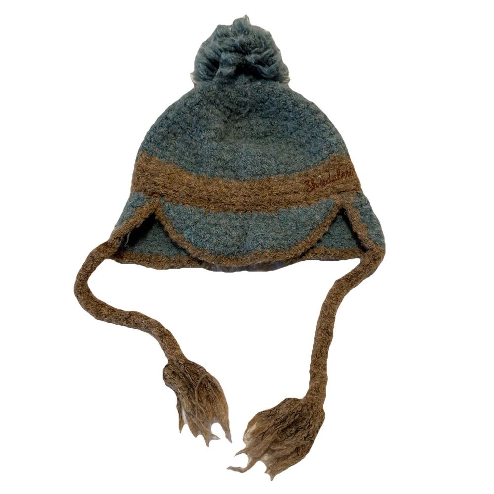 ShredAlert Ear Flap Pom Beanie Teal Tan Fleece Lined Alpaca Wool Blend OS